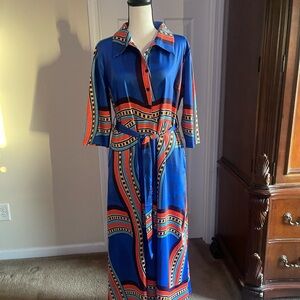 Elegant Blue and Red Patterned Dress